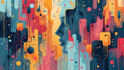 A vibrant and intricate digital art piece featuring an abstract blend of human features within geometric patterns.