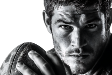 Closeup black and white portrait of a determined american football player holding a ball, sweat on his face, intense gaze isolated on transparent background