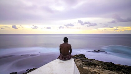 Fototapeta premium Man Contemplating Ocean View at Sunset.