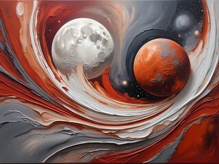 Abstract cosmic painting of lunar and Martian fusion, organic flowing forms resembling planetary surfaces, soft earthy and sky-inspired tones (clay red, moon gray, stardust white)