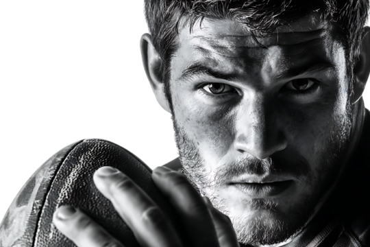 Closeup black and white portrait of a determined american football player holding a ball, sweat on his face, intense gaze isolated on transparent background
