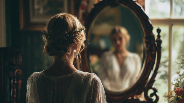 Bride looking at herself in vintage mirror with soft lighting  
