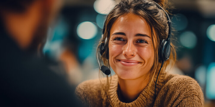 Young woman smiling while on headset during customer support at desk