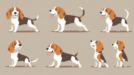 25.An assortment of beagle dog illustrations featuring the canine in different moods and actions, from barking joyfully to resting peacefully, each pose highlighting the breed's friendly nature.
