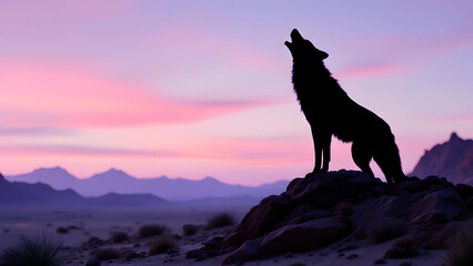A silhouette of a wolf howling on a rocky outcrop against a pastel colored sunset and mountain range