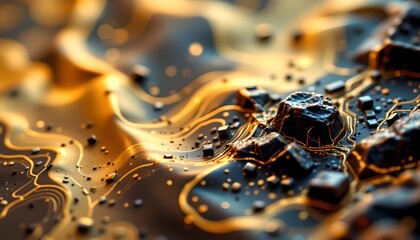 A close up view of molten chocolate, with droplets in motion creating a vibrant, golden hue. The texture appears smooth and glossy, suggesting the warmth and richness of the chocolate.