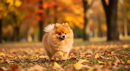 Fluffy pomeranian dog in autumnal landscape with colorful foliage