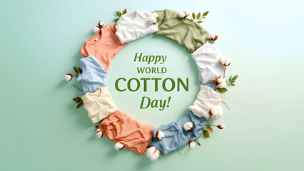 A pastel colored shirts arranged in a circle with cotton plants and happy world cotton day text in center