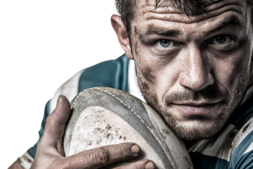 Closeup portrait of a determined rugby player, covered in mud, holding a rugby ball, isolated on transparent background