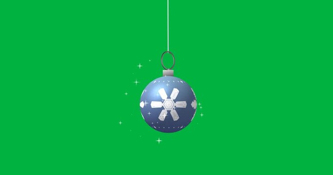 Animation of blue bauble with snowflakes christmas decoration on transparent background