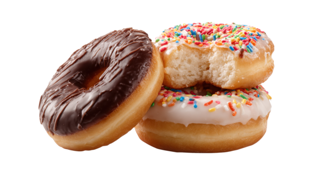 Donuts isolated set. Fresh donut, bitten and half a donut, isolated on a white background