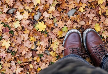 Brown boots on autumn leaves