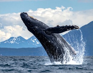 Naklejka premium Majestic Whale Splashes in the Ocean.