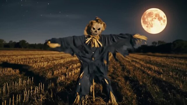 A scarecrow with a skull face stands in a harvested field under a full moon night sky