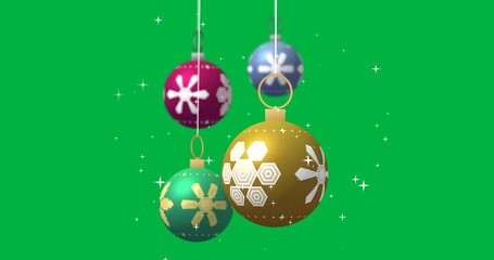 Animation of baubles with snowflakes christmas decoration on transparent background - Powered by Adobe