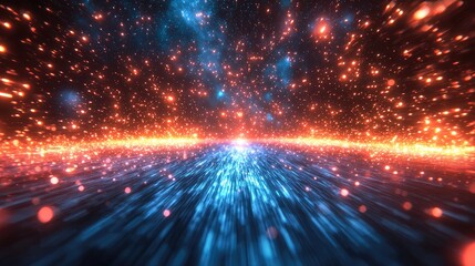 Naklejka premium Dynamic Cosmic Pathway: Fiery Orange Particles and Streaking Blue Light Creating a Hyperspeed Tunnel