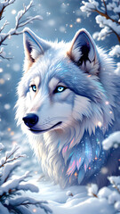 A majestic white wolf with piercing blue eyes stands amidst a snowy winter wonderland scene outdoors