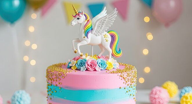 Colorful unicorn cake with flowers and decorations for celebration  