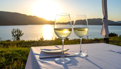 Two wine glasses on a lakeside table at sunset