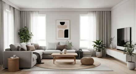 Fototapeta premium Modern minimalist living room interior with a light grey L-shaped sectional sofa, wooden coffee table, large software, and potted plants, showcasing a serene design.