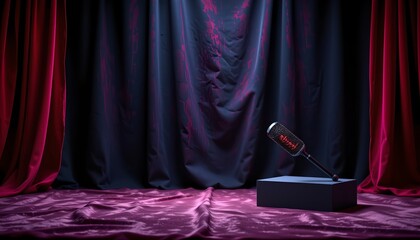 A stage set with a dark red curtain in the background, a black microphone stand prominently in the foreground, and a pink carpeted floor. There are no performers visible on the stage.