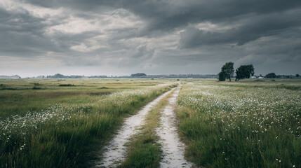An empty country road meanders through a vast green meadow filled with wildflowers beneath a dramatic overcast sky