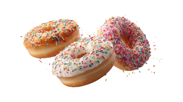 Donuts with sprinkles flying isolated on a white background