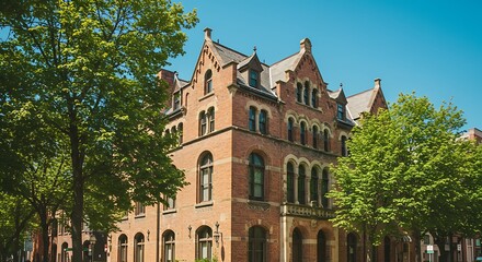 Historic brick building exterior with architectural details under blue sky