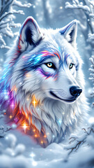 A majestic white wolf with colorful markings in a snowy forest looking off to the side with a serene gaze