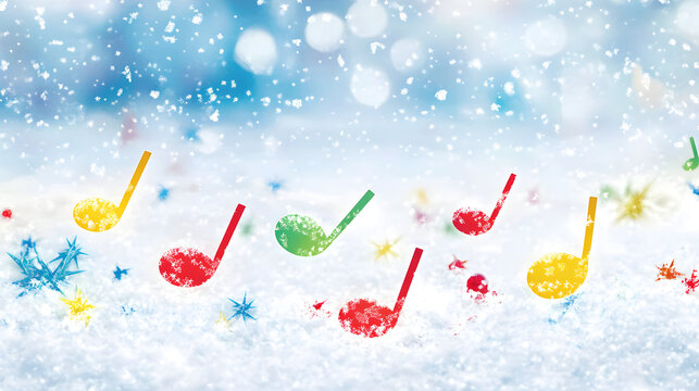 Colorful musical notes on a snowy background with snowflakes falling down. - Powered by Adobe