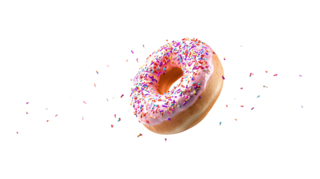 Donuts with sprinkles flying isolated on a white background