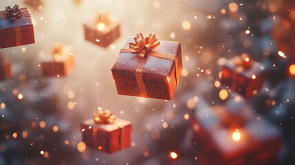 Red gift boxes float in a festive bokeh filled environment.