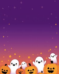 Cute cartoon Halloween background with smiling jack-o-lanterns, friendly ghosts and stars on purple orange gradient, simple vector for kids invitations