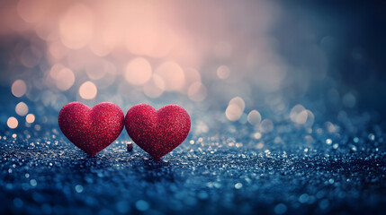 Obraz premium Two red hearts sit on a sparkly blue surface with bokeh background.