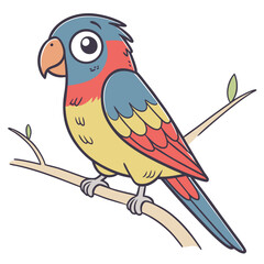 A charming cartoon parrot with vibrant red blue and yellow plumage perches gracefully on a tree branch with small green leaves isolated on a clean white background