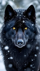 A close up of a black wolf with yellow eyes standing in the snow looking directly at the viewer
