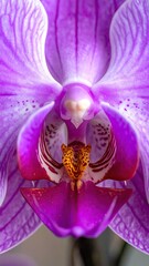Close Up of a Purple and White Orchid Bloom with Yellow Center in Soft Lighting Detailed Floral Photography