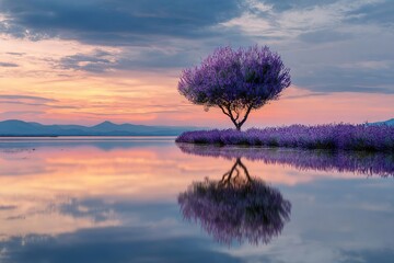 Majestic purple tree stands alone by tranquil water, reflecting vibrant sunset colors, surrounded by blooming lavender fields, creating a serene and picturesque landscape scene