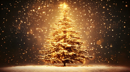 Christmas tree glows with golden light amid falling snow holiday scene.