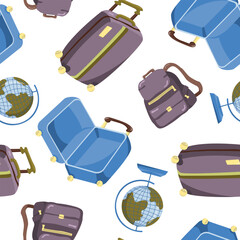Vector seamless pattern with travel suitcases and backpacks. Illustration with travel luggage image.