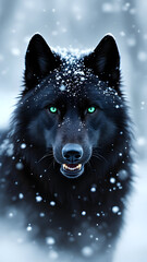 A close up of a black wolf with bright green eyes and snow on its fur in a wintery setting