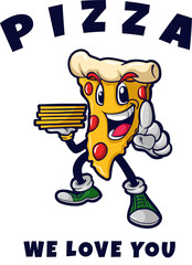 Cartoon Pizza Slice Mascot with Smiling Expression Holding Plate on Transparent Background