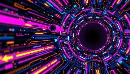 A futuristic tunnel like structure filled with a vibrant array of neon lights in various hues.