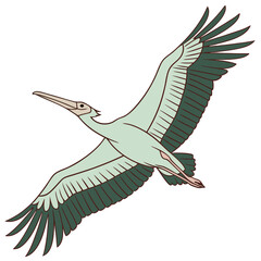 A stylized illustration of a light green bird with dark green wingtips and a long beak soaring gracefully through the air with its wings spread wide