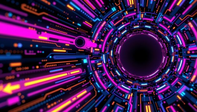 A futuristic tunnel like structure filled with a vibrant array of neon lights in various hues.