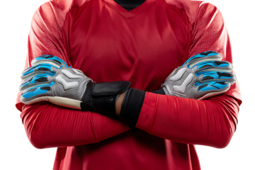 Closeup of a soccer goalkeeper wearing red jersey and blue and grey gloves, isolated on transparent background