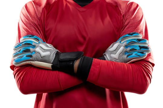 Closeup of a soccer goalkeeper wearing red jersey and blue and grey gloves, isolated on transparent background