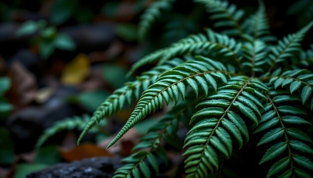 An image of a close up view of ferns growing in a forest setting, their fronds and stems in focus against a blurred background of the dense vegetation of the woodland floor.