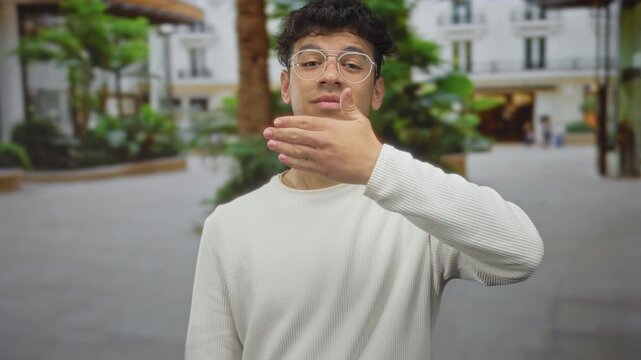 Man uses hand to cover eyes on urban street with blurred buildings and greenery behind him; embarrassment.