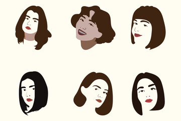 Set of minimal female portraits in flat vector style. Simple woman faces, modern, elegant, and creative design.